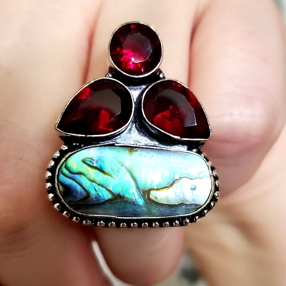 New Abalone Shell & Garnet 925 Silver Ring.